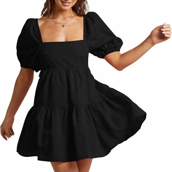 Square Neck Lantern Sleeve High Waisted Tie Back Casual A-Line Mini Dress - Picture 1 of 7
